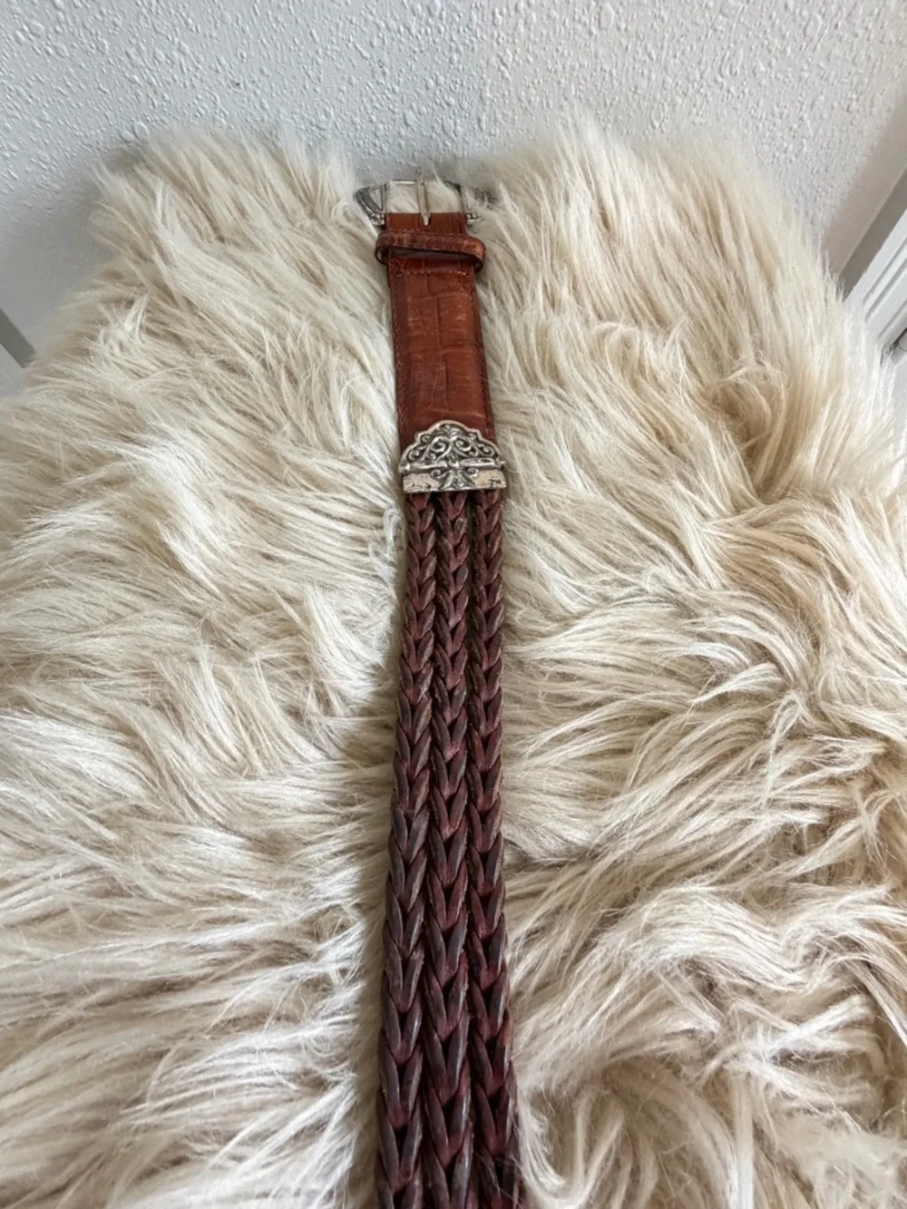 VTG Western Leather Belt LG Silver Engraved Buckle Croc Embossed Cowgirl Sz SM